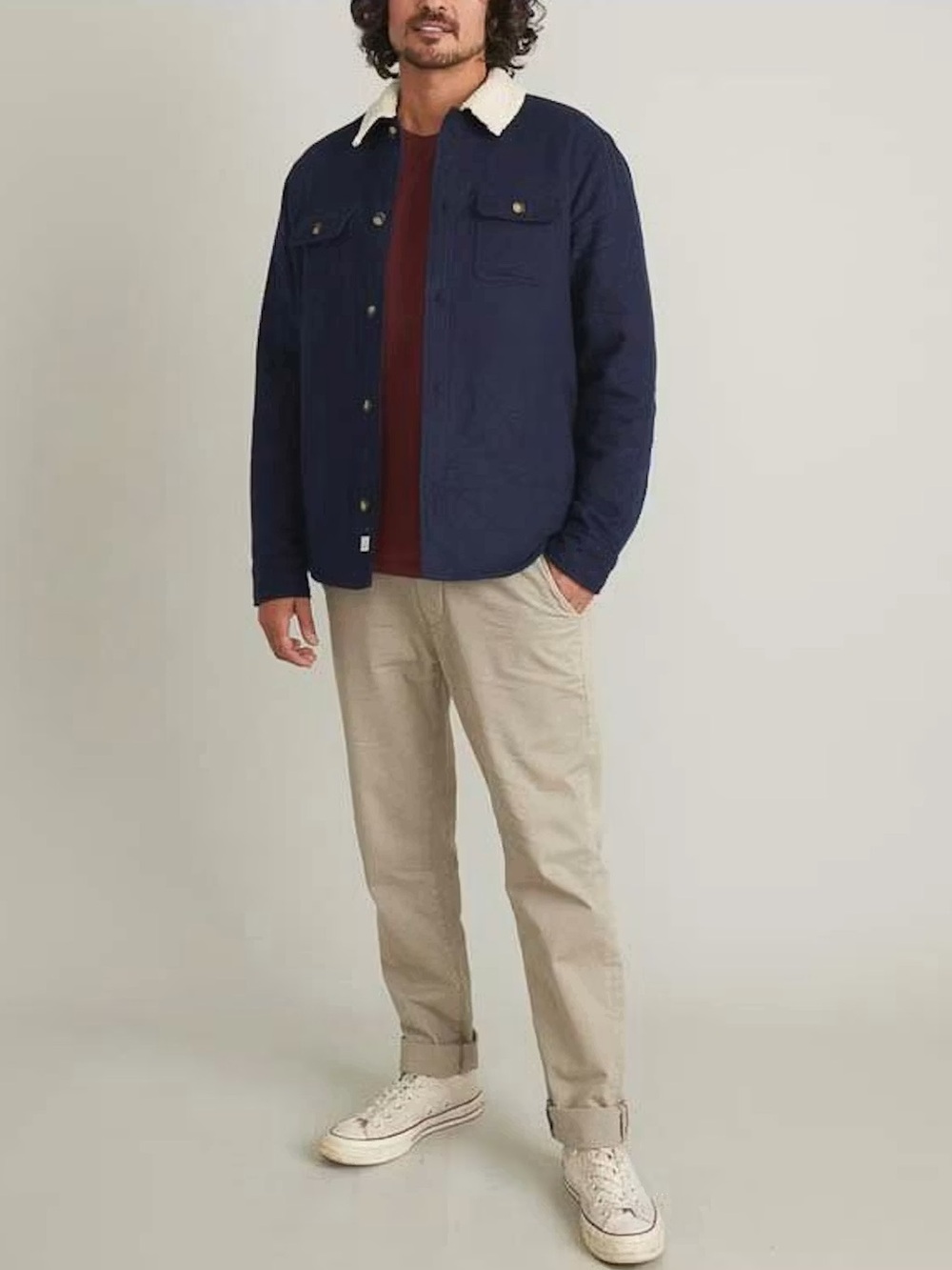 Marine Layer Sherpa Lined Camping Shirt Jacket Size Large Navy Cotton Fleece - Picture 4 of 15